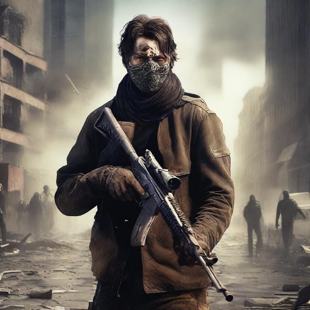 The main character Jackson Cunningham holding an AK-47 with duct tape wrapped around the handle, taking down hordes of zombies in an apocalyptic city