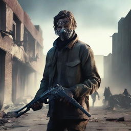 The main character Jackson Cunningham holding an AK-47 with duct tape wrapped around the handle, taking down hordes of zombies in an apocalyptic city