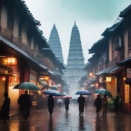 A rainy early morning in a bustling city that looks like a fusion between feudal Japan and the Mayan Empire