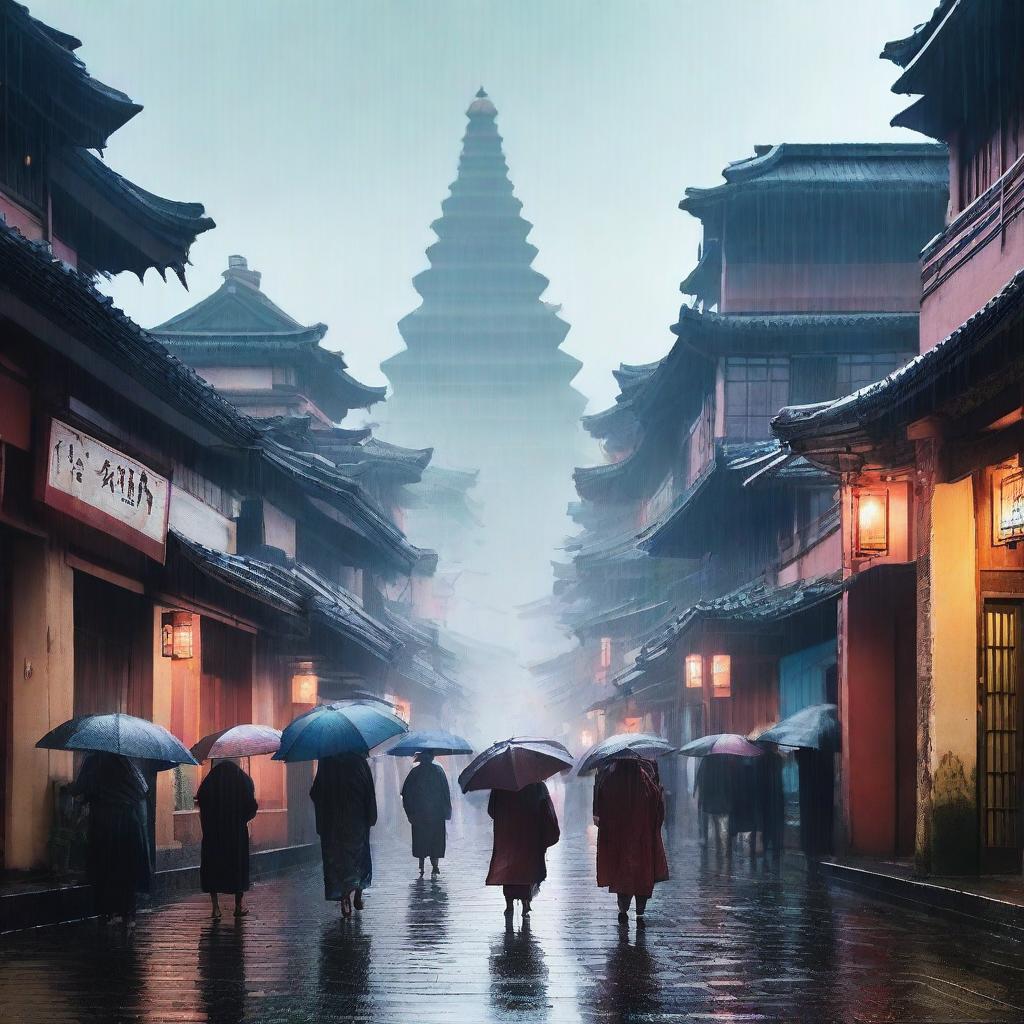 A rainy early morning in a bustling city that looks like a fusion between feudal Japan and the Mayan Empire