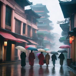 A rainy early morning in a bustling city that looks like a fusion between feudal Japan and the Mayan Empire