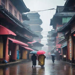 A rainy early morning in a bustling city that looks like a fusion between feudal Japan and the Mayan Empire