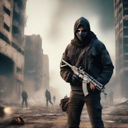 The main character Jackson Cunningham holding an AK-47 with duct tape wrapped around the handle, taking down hordes of zombies in an apocalyptic city