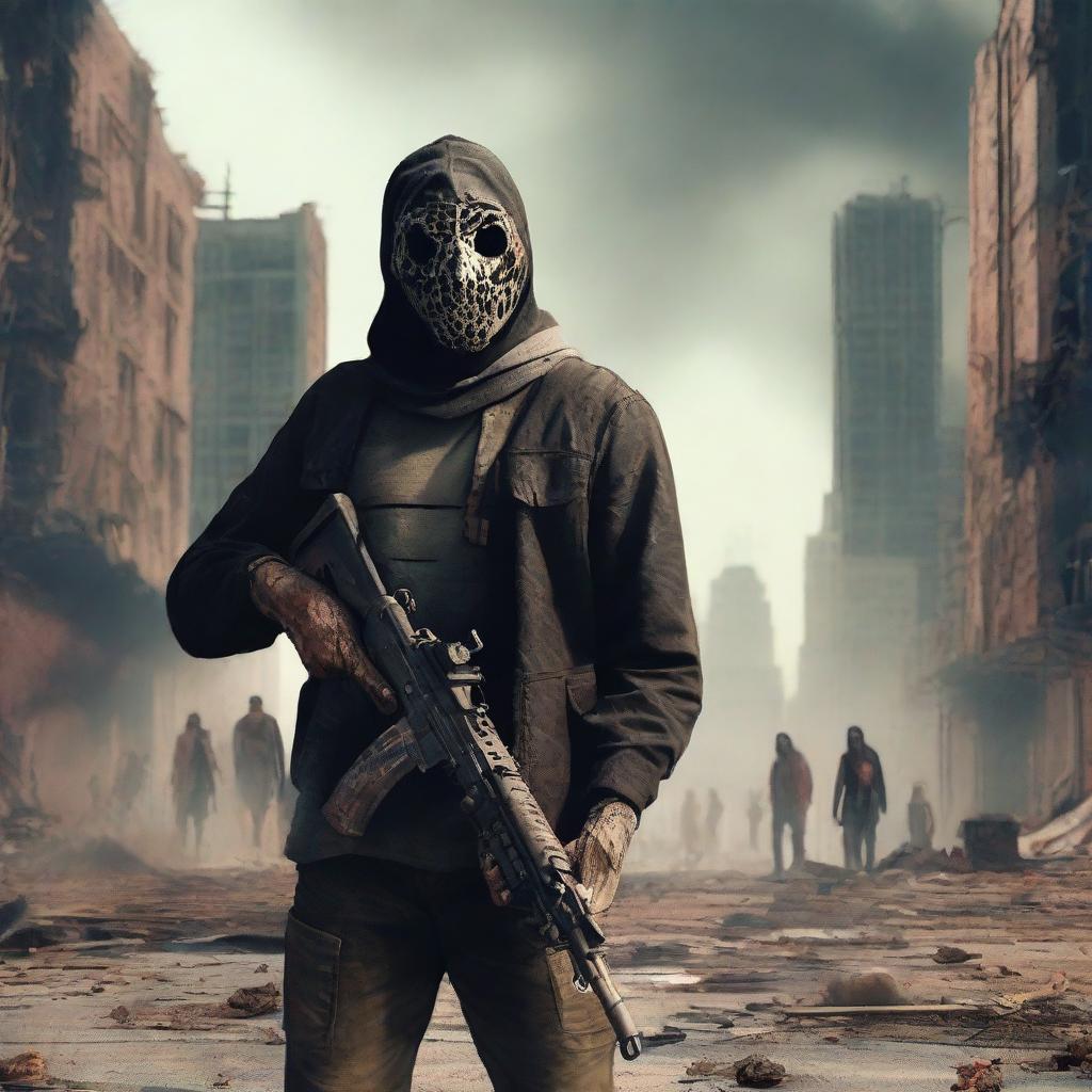 The main character Jackson Cunningham holding an AK-47 with duct tape wrapped around the handle, taking down hordes of zombies in an apocalyptic city