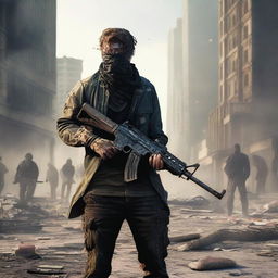 The main character Jackson Cunningham holding an AK-47 with duct tape wrapped around the handle, taking down hordes of zombies in an apocalyptic city