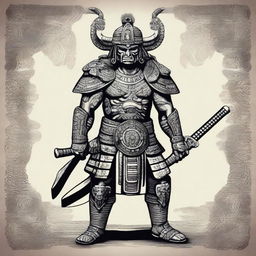 A Mayan-looking warrior equipped with samurai-type weapons and armor