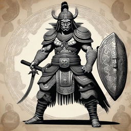 A Mayan-looking warrior equipped with samurai-type weapons and armor