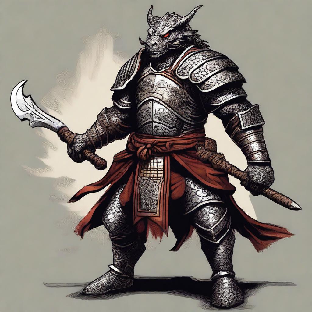 A Dragonborn barbarian clad in shogun-type armor