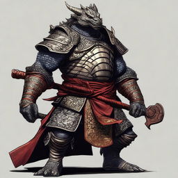 A Dragonborn barbarian clad in shogun-type armor