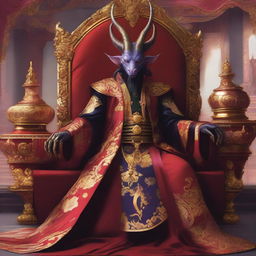 A Tiefling dressed in elaborate Japanese emperor robes, sitting on a grand palace throne