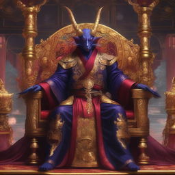 A Tiefling dressed in elaborate Japanese emperor robes, sitting on a grand palace throne