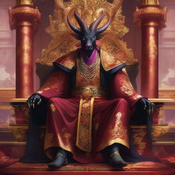 A Tiefling dressed in elaborate Japanese emperor robes, sitting on a grand palace throne