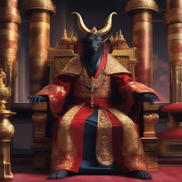 A Tiefling dressed in elaborate Japanese emperor robes, sitting on a grand palace throne