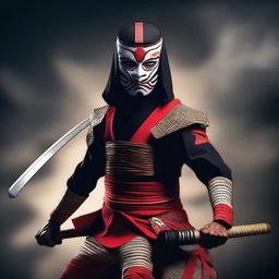 A slim Mayan warrior wearing a kabuki mask, dressed as a ninja