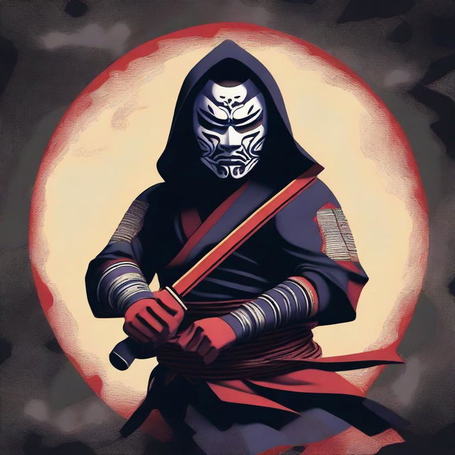 A slim Mayan warrior wearing a kabuki mask, dressed as a ninja