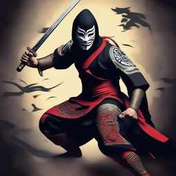 A slim Mayan warrior wearing a kabuki mask, dressed as a ninja