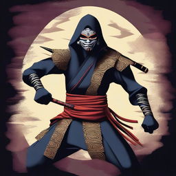 A slim Mayan warrior wearing a kabuki mask, dressed as a ninja