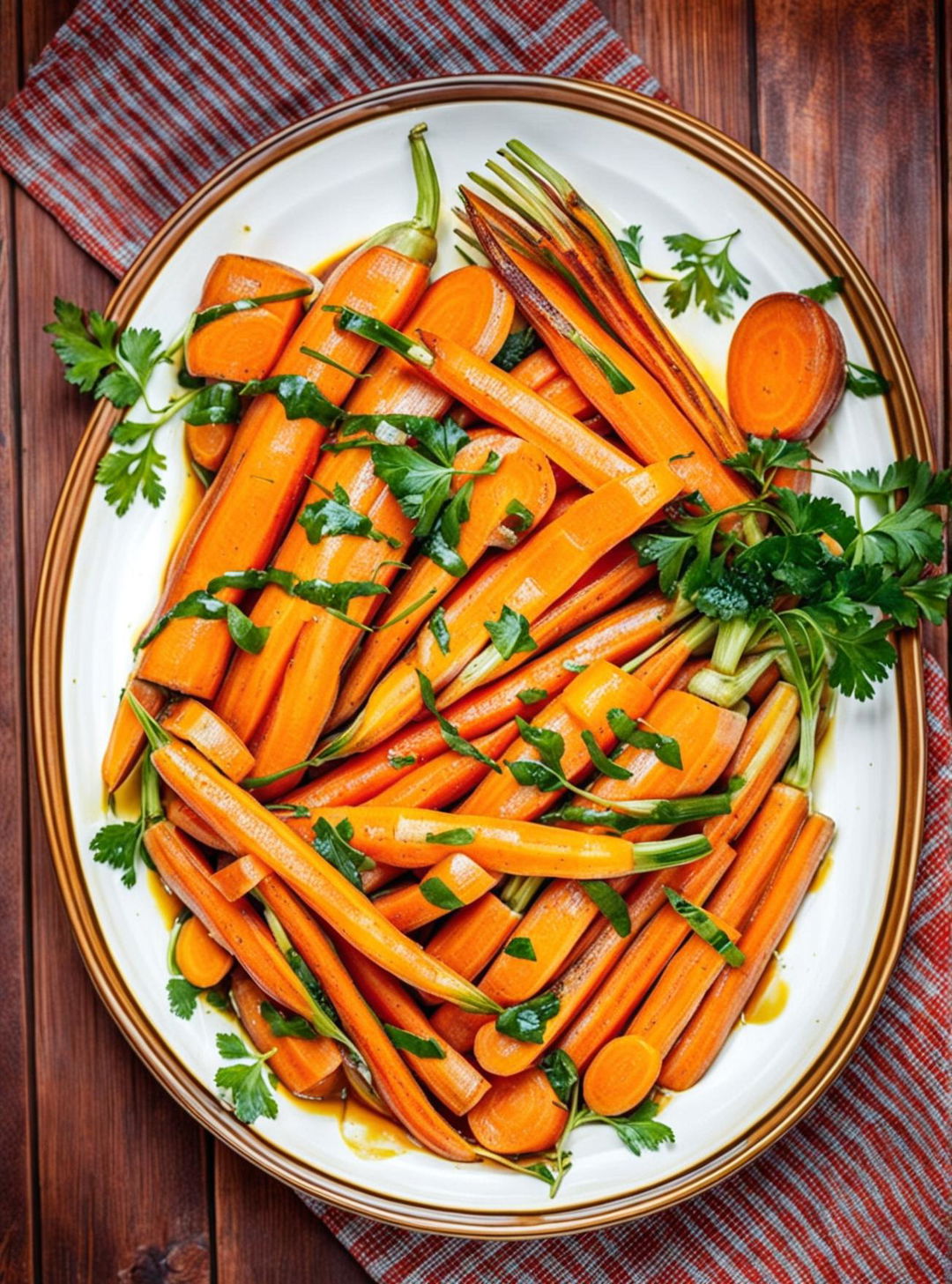 A beautifully arranged plate of fresh, vibrant orange carrots with various cuts and garnishes on a rustic wooden table.