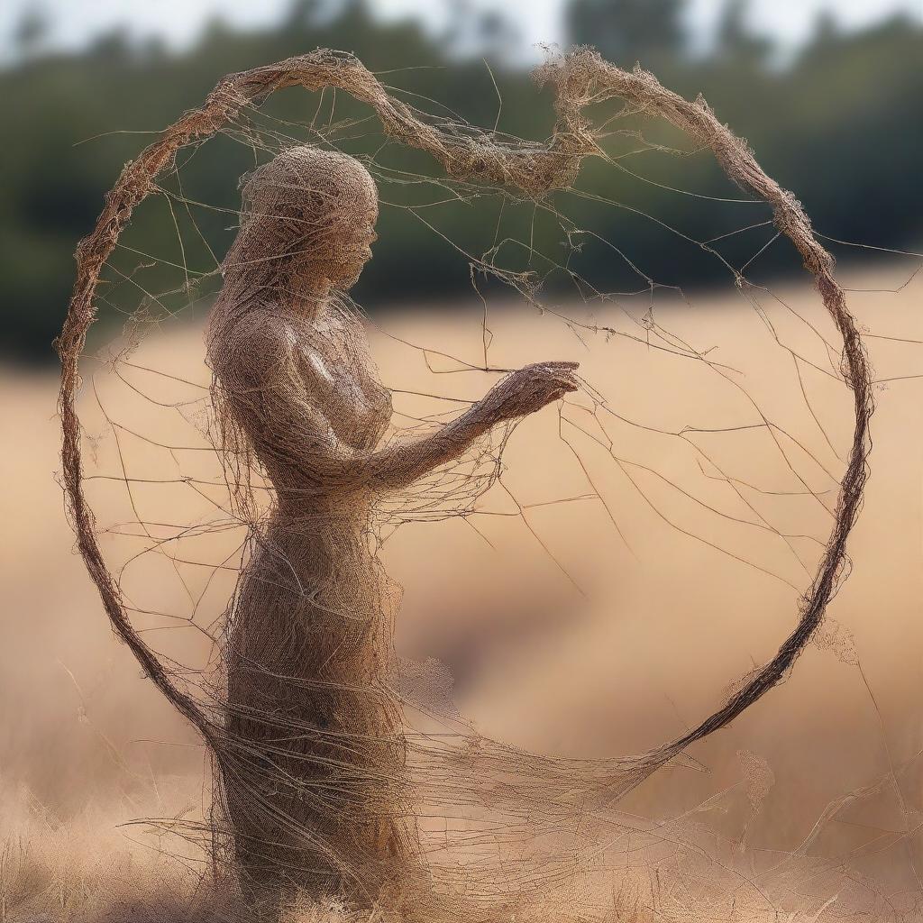 A depiction of Mother Nature weaving blades of dry grass into an intricate art piece trapped within a wire fence