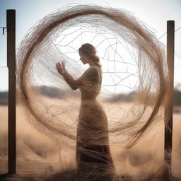 A depiction of Mother Nature weaving blades of dry grass into an intricate art piece trapped within a wire fence