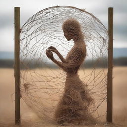 A depiction of Mother Nature weaving blades of dry grass into an intricate art piece trapped within a wire fence