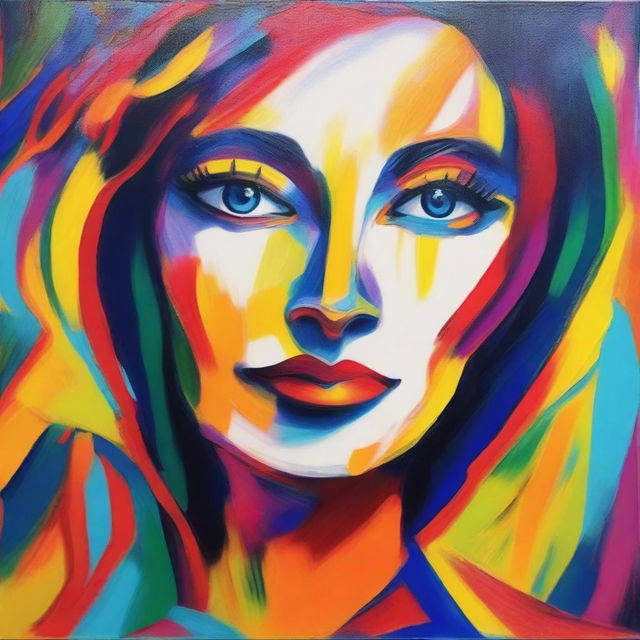 A Fauvist style painting of a beautiful woman's face, expressed through bold and vivid colors