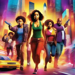 A colorful and engaging movie poster featuring a diverse cast of characters in a dynamic and action-packed scene