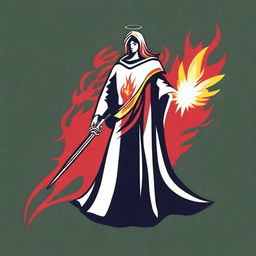 An angel wearing a traditional poncho, holding a flaming sword