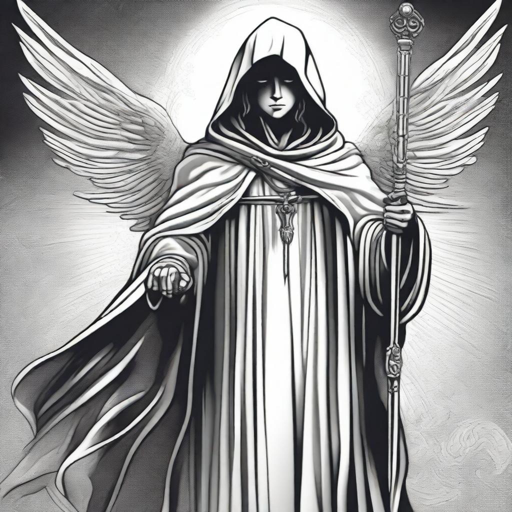 A black and white illustration of an angel wearing a hooded poncho, holding a sword