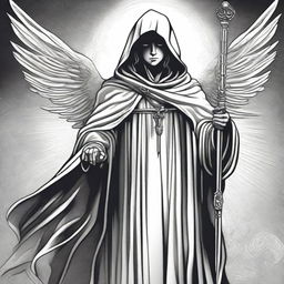 A black and white illustration of an angel wearing a hooded poncho, holding a sword