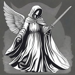 A black and white illustration of an angel wearing a hooded poncho, holding a sword