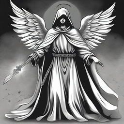 A black and white illustration of an angel wearing a hooded poncho, holding a sword