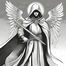 A black and white illustration of an angel wearing a hooded poncho, holding a sword