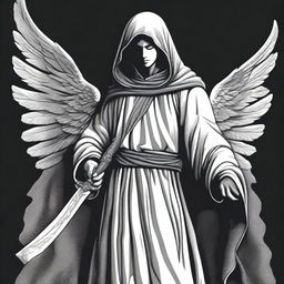 A black and white illustration of an angel wearing a hooded poncho, holding a sword