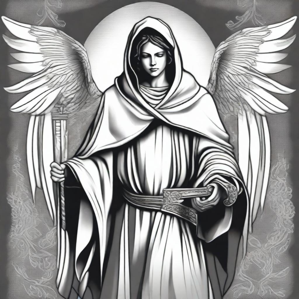 A black and white illustration of an angel wearing a hooded poncho, holding a sword