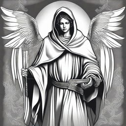 A black and white illustration of an angel wearing a hooded poncho, holding a sword