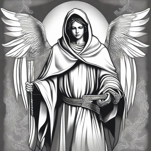 A black and white illustration of an angel wearing a hooded poncho, holding a sword