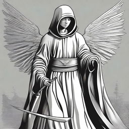 A black and white illustration of an angel wearing a hooded poncho, holding a sword