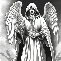 A black and white illustration of an angel wearing a hooded poncho, holding a sword