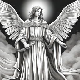 A black and white illustration of an angel wearing a poncho and holding a sword