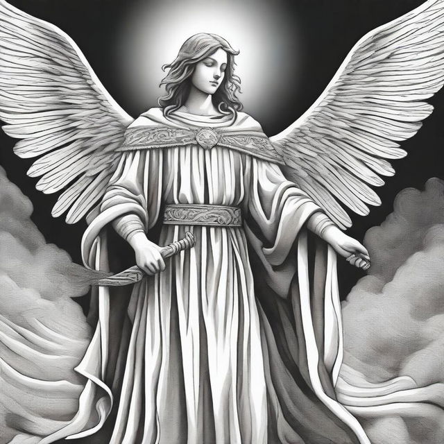 A black and white illustration of an angel wearing a poncho and holding a sword