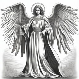 A black and white illustration of an angel wearing a poncho and holding a sword