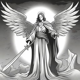 A black and white illustration of an angel wearing a poncho and holding a sword