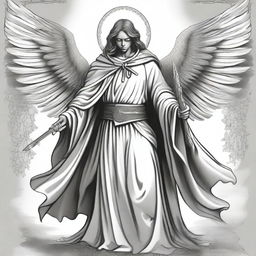 A black and white illustration of an angel wearing a poncho and holding a sword