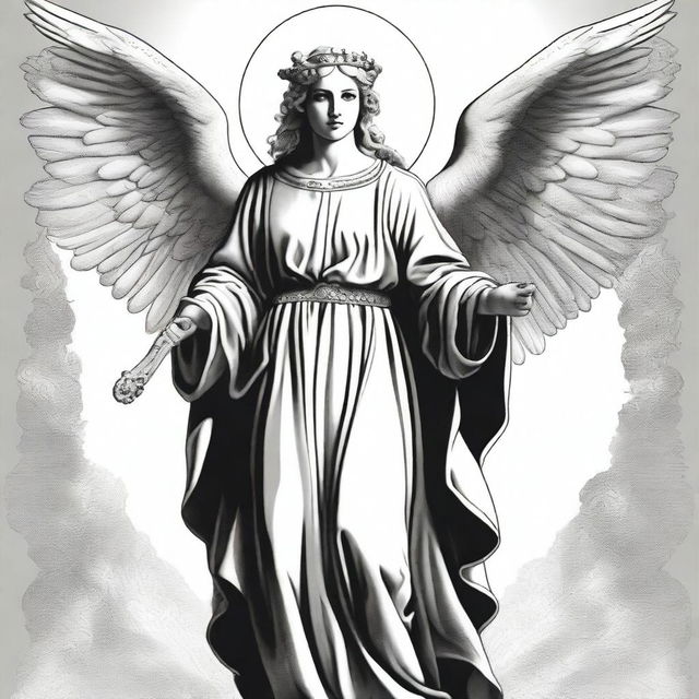 A black and white illustration of an angel wearing a capote and holding a sword