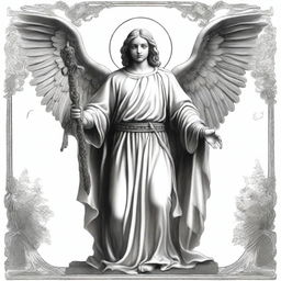 A black and white illustration of an angel wearing a capote and holding a sword