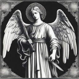 A black and white illustration of an angel wearing a capote and holding a sword