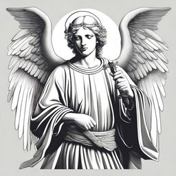 A black and white illustration of an angel wearing a capote and holding a sword