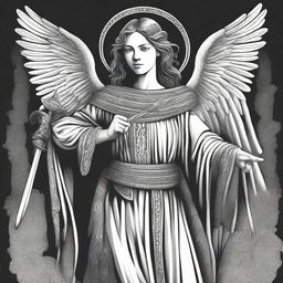 A black and white illustration of an angel wearing a western-style poncho and holding a sword