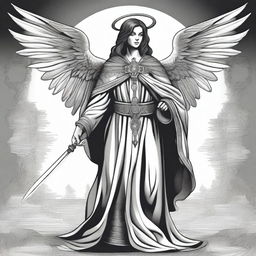 A black and white illustration of an angel wearing a western-style poncho and holding a sword